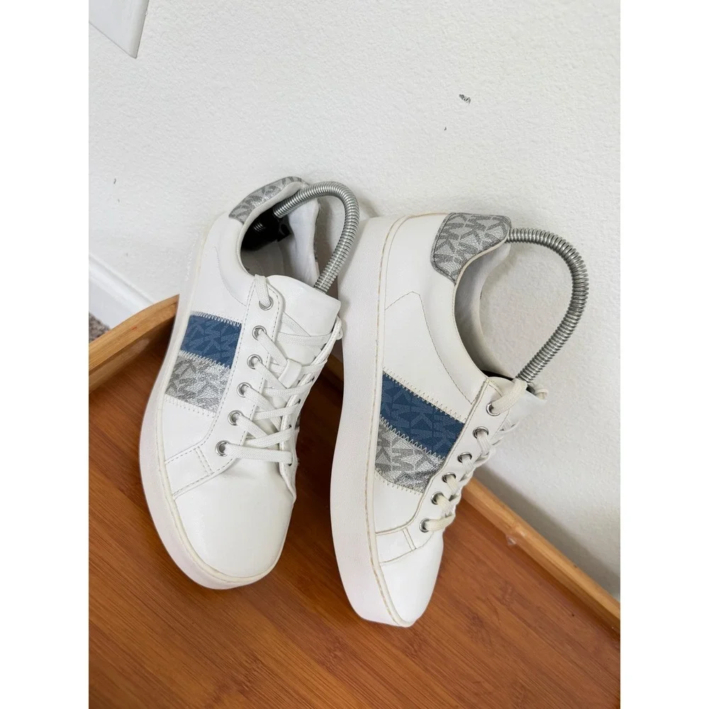 Michael Kors Poppy White Platform Sneakers Blue Silver Logo Stripe LS24J Sz 8.5